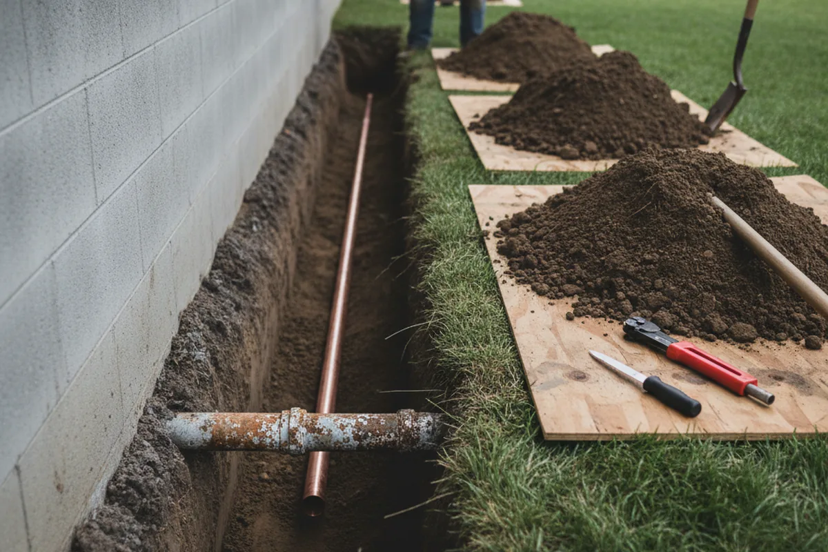 Excavated water line trench during Water Heater Repair in Nolanville